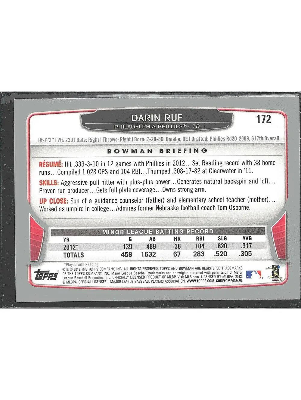 2013 Bowman #172 Darin Ruf HAND SIGNED